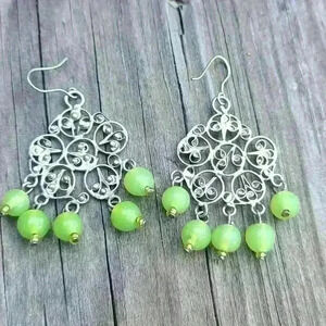 Vintage silver tone green gemstone beads earrings